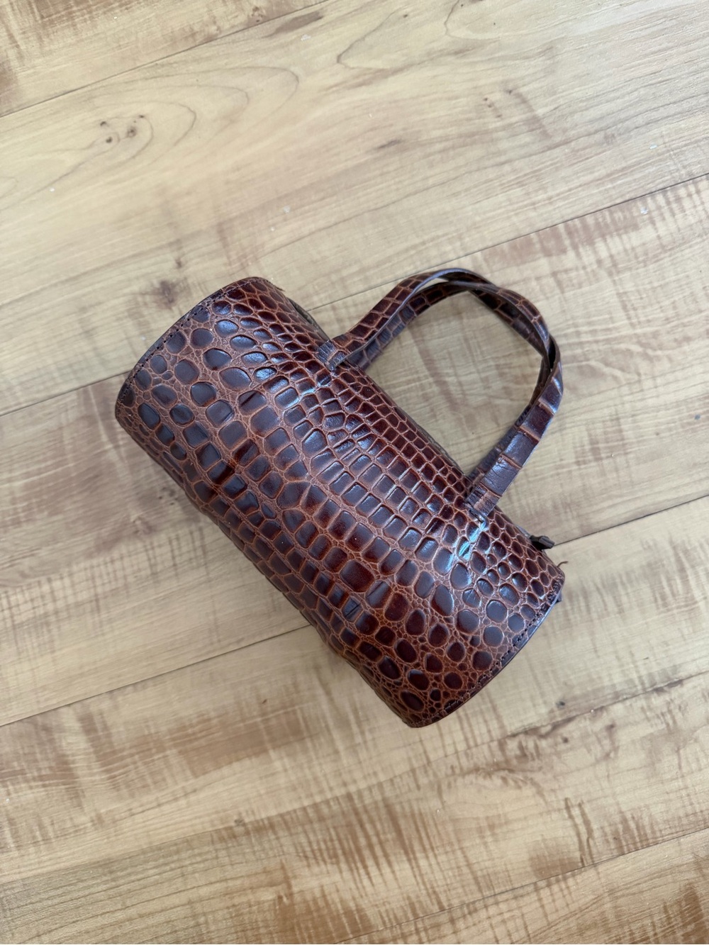 Rare Mini DKNY Brown Croc-Embossed Genuine Leather Barrel Tote Clutch